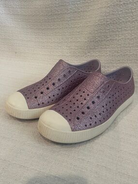 Native Sparkly Lavender Slip-On Sneakers with Cream Toe.